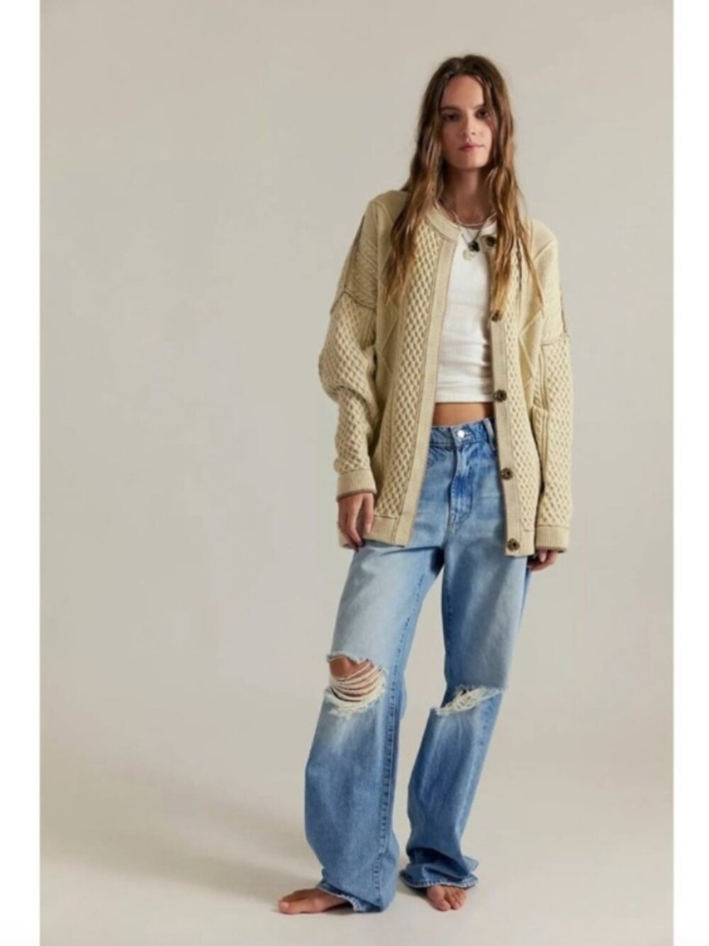 Free People We The Free Tennessee Cable Knit Cardigan Ivory Pockets XL - Picture 3 of 11